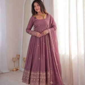 Elegant Dusty Rose Pink Georgette Kurta Palazzo Set with Embroidered Dupatta