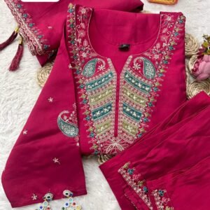 Rani Pink Heavy Roman Silk Embroidered Suit Set with Dupatta
