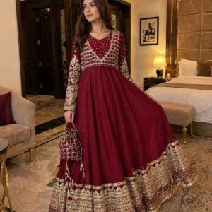 Maroon Heavy Georgette Embroidered Gown Set with Pant & Dupatta