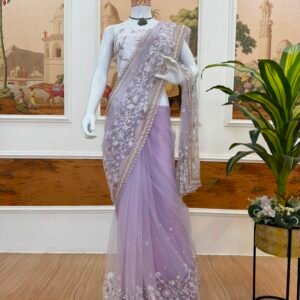 Lavender Nylon Net Embroidered Saree with Unstitched Blouse