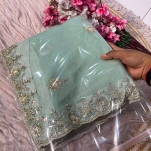 Women's Mint Green Casino Crush Saree with Heavy Sequin Embroidery Work