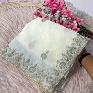 Women's Ivory Casino Crush Saree with Heavy Sequin Embroidery Work