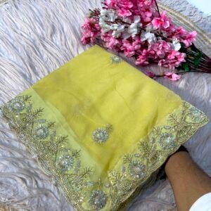 Women's Mustard Yellow Casino Crush Saree with Heavy Sequin Embroidery Work