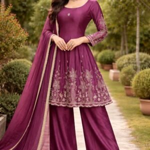 PURPLE PARTY WEAR TOP AND PALAZZO WITH FANCY DUPATTA AND EMBROIDERY WORK