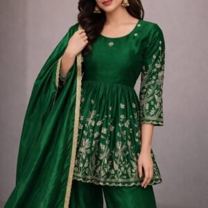 GREEN PARTY WEAR TOP AND PALAZZO WITH FANCY DUPATTA AND EMBROIDERY WORK