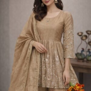 CREAMISH GOLDEN  PARTY WEAR TOP AND PALAZZO WITH FANCY DUPATTA AND EMBROIDERY WORK
