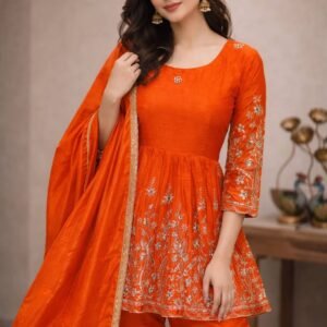 RUST ORANGE PARTY WEAR TOP AND PALAZZO WITH FANCY DUPATTA AND EMBROIDERY WORK