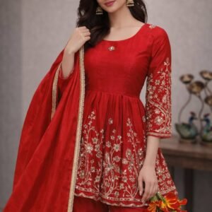 RED PARTY WEAR TOP AND PALAZZO WITH FANCY DUPATTA AND EMBROIDERY WORK