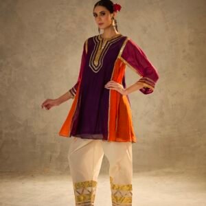 VIBRANT PURPLE  & RUST ORANGE  CHINNON CO-ORD SET WITH GOTA PATTI