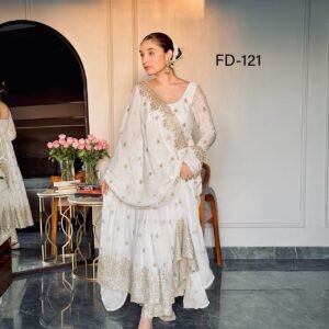 New Collection White Heavy Chinon Silk Gown -Pent  Dupatta Set