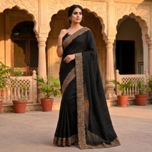 Elegant Black Blooming Vichitra Silk Saree with Zari &Stone Work