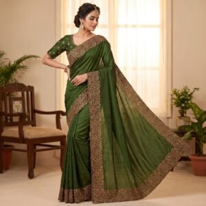 Elegant Green Blooming Vichitra Silk Saree with Zari &Stone Work