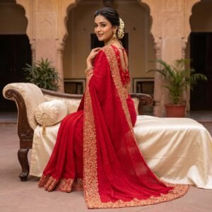 Elegant Red Blooming Vichitra Silk Saree with Zari &Stone Work