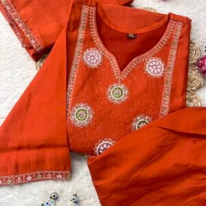 Elegent Festive Roman Silk Rust Orange Kurta Set 3piece