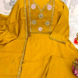 Elegent Festive Roman Silk Mustard Yellow Kurta Set 3piece