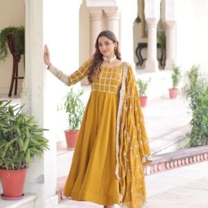 Premium Mustard NC Vichitra Embroidered Gown with Dupatta