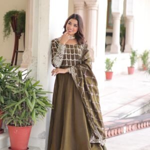 Premium Mehandi NC Vichitra Embroidered Gown with Dupatta