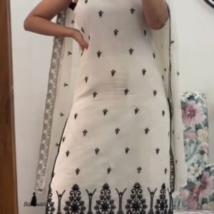 Elegant Off White & Black Maska Cotton Silk Embroidered Kurta Pant Set with Dupatta