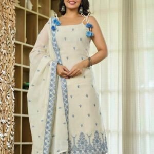 Elegant Off White &Sky Blue Maska Cotton Silk Embroidered Kurta Pant Set with Dupatta