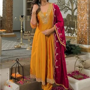 Women's Mustard Yellow Vichitra Silk Anarkali Kurta Pant Set with Rani Pink Dupatta