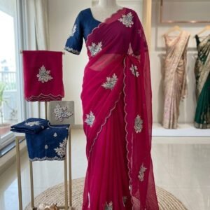 Kizzah Star Rani Pink  Georgette Patch Work Saree