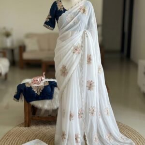 Kizzah Star White Georgette Patch Work Saree (Copy)