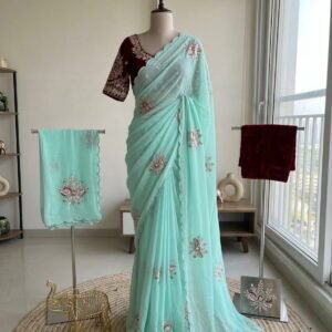 Kizzah Star Mint Green Georgette Patch Work Saree