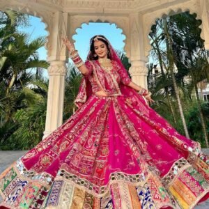 Heavy Muslin Cotton Printed Rani Pink Lehanga Choli With Real Mirror Work