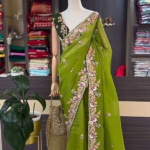 Premium Jimmy Chhi Sequins Olive Green Saree