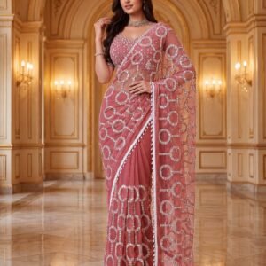 Designer handwork Regal Charm Redefined Pink Net Saree