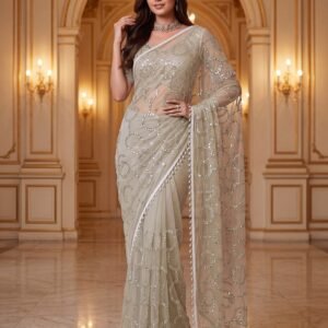 Designer handwork Regal Charm Redefined Gold Champagne Net Saree