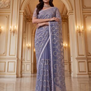 Designer handwork Regal Charm Redefined Gold Purple Net Saree