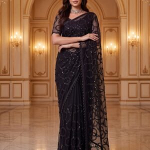 Designer handwork Regal Charm Redefined Black Net Saree