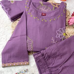 Dreams Premium Pure Cotton Embroidered Levender Kurti Set for Women