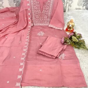 Premium Triva Pure Mul Chanderi Pink Embroidered Kurta Set for Women