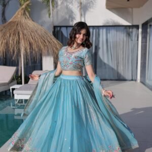 Premium Fendi Silk Embroidery Sky Blue Lehanga Choli Duptta Set