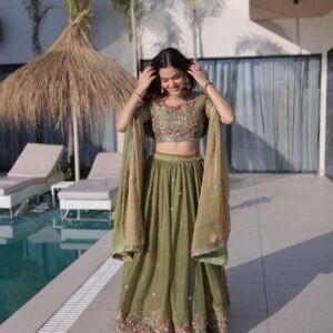 Premium Fendi Silk Embroidery Olive Green Lehanga Choli Duptta Set