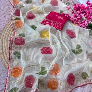 Premium NC Moss Saree with Chain Stitch Zaal, Sequins Work & Heavy Embroidered Mono Blouse