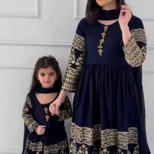 Mom-Daughter Combo Heavy Royal Blue Georgette Gown Pant & Dupatta Set