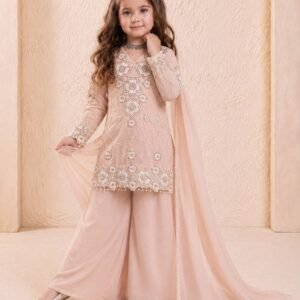 Designer Party Wear Look Peach Top Palazzo & Dupatta Set