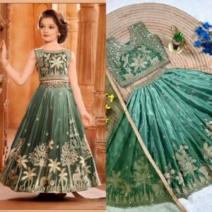 Chinnon Silk Olive Green Embroidery With Digital Print Lehanga Dupatta