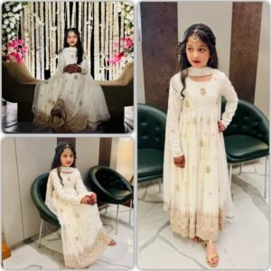 Kids Vichitra Embroidery Sequins Off White Gown with Dupatta