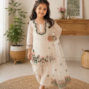 Kids Designer Ensemble in Premium White Fendi Silk