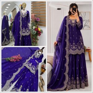 Seven Horses Fendy Satin Embroidered Sharara Suit Set with Dupatta – Royal Blue
