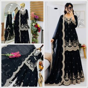 Seven Horses Fendy Satin Embroidered Sharara Suit Set with Dupatta – Black