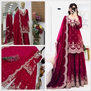 Seven Horses Fendy Satin Embroidered Sharara Suit Set with Dupatta – Red