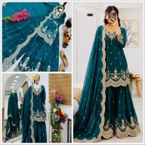 Seven Horses Fendy Satin Embroidered Sharara Suit Set with Dupatta – Teal Green