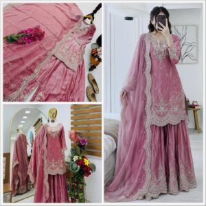 Seven Horses Fendy Satin Embroidered Sharara Suit Set with Dupatta – Baby Pink