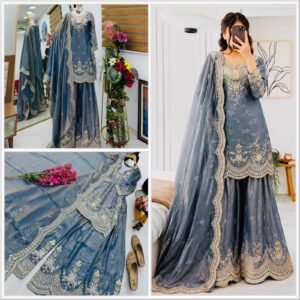Seven Horses Fendy Satin Embroidered Sharara Suit Set with Dupatta – Grey