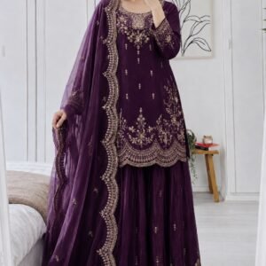 Seven Horses Fendy Satin Embroidered Sharara Suit Set with Dupatta – Purple